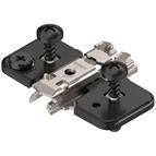 Blum 0mm cruciform cam mounting plate with split dowels and screws. Onyx Black.